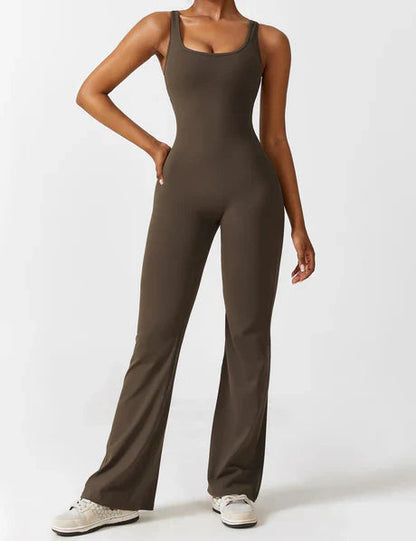 V-back Flared Jumpsuit Coffee