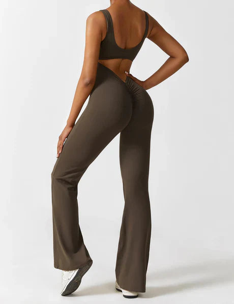 V-back Flared Jumpsuit Coffee