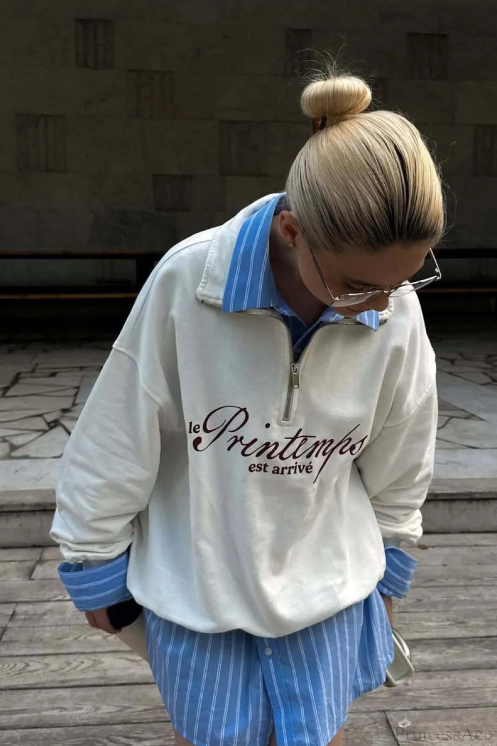 Cotton Letter Print Half-zip Long Sleeve Sweatshirt