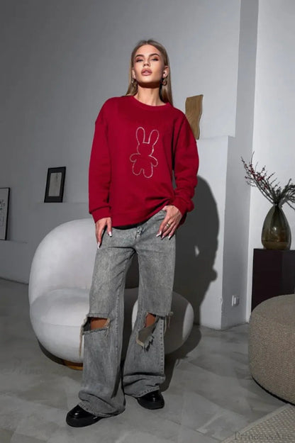 Crew Neck Oversized Embossed Rabbit Sweatshirt