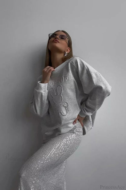 Crew Neck Oversized Embossed Rabbit Sweatshirt
