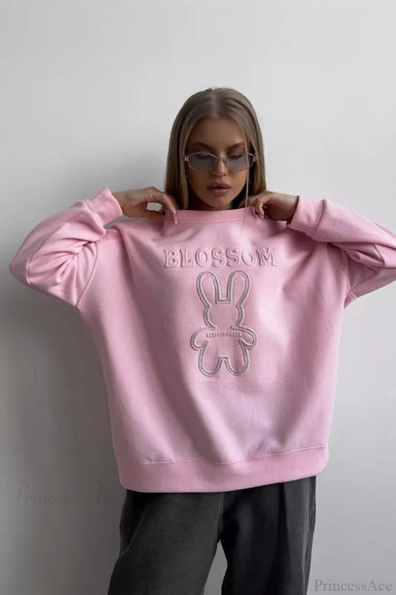 Crew Neck Oversized Embossed Rabbit Sweatshirt