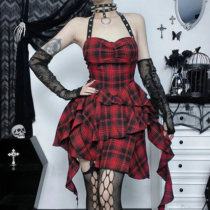 Crimson Tartan Halter Short Dress