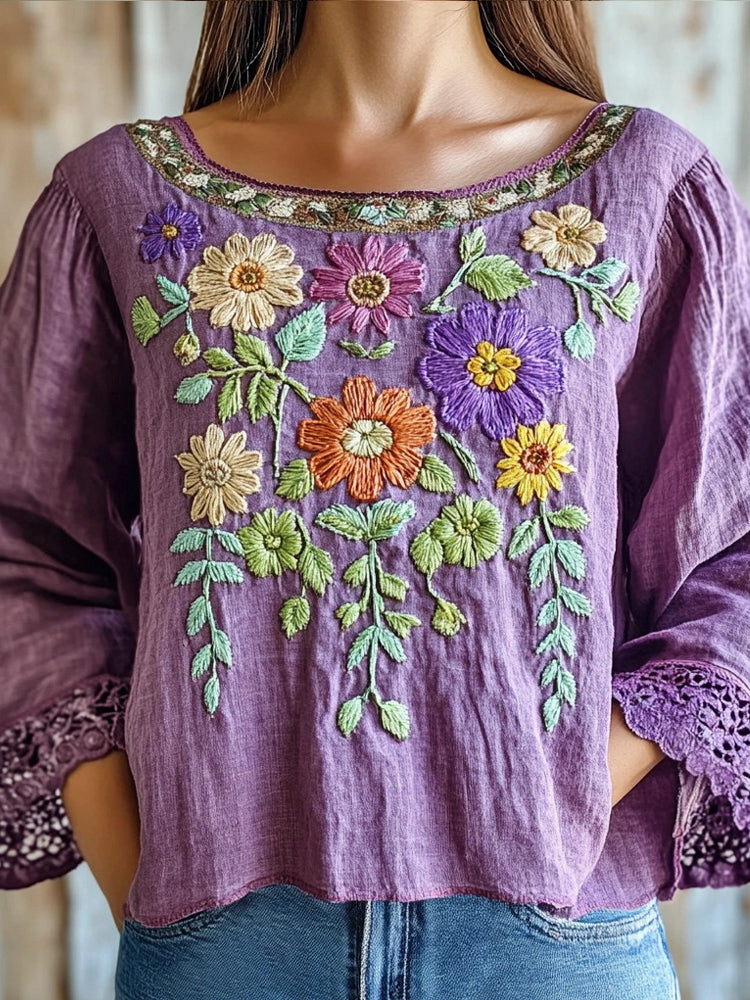 Purple Ethnic Floral Embroidery Vintage Women's Linen Shirt elevenforest
