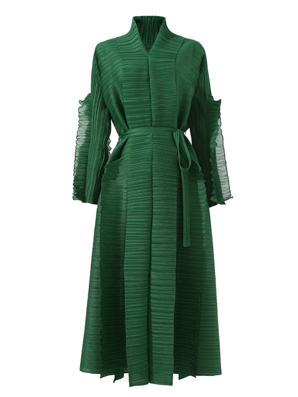 Long Sleeves Loose Tied Pleated Stand Collar Midi Dresses