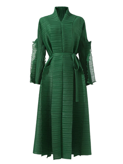 Long Sleeves Loose Tied Pleated Stand Collar Midi Dresses