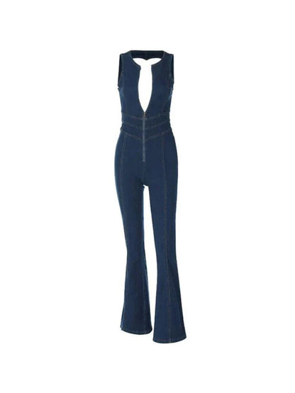 High Rise Denim Jumpsuit With Backless Zip Up