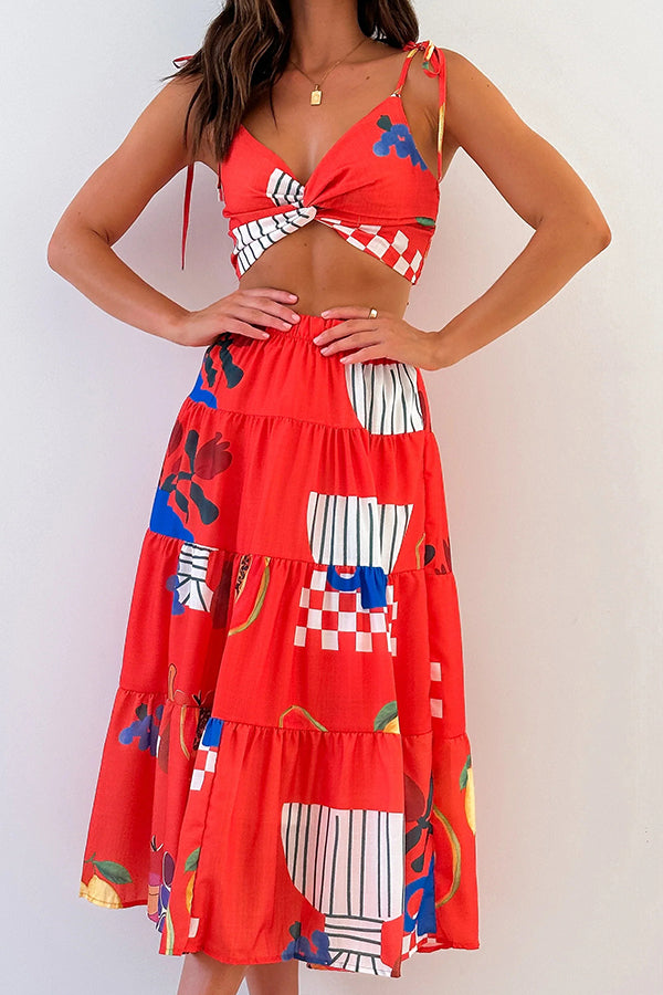Unique Printed Camisole Elastic Waist Long Skirt Two Piece Set