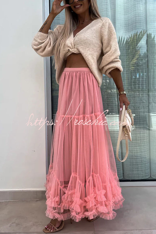 Tulle Stretch Waist Paneled Pleated Maxi Skirt