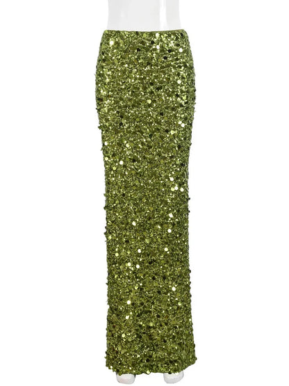 Glitter Sequin Maxi Skirt for Slim Patchwork Party Looks Shiny Metallic Long Skirt