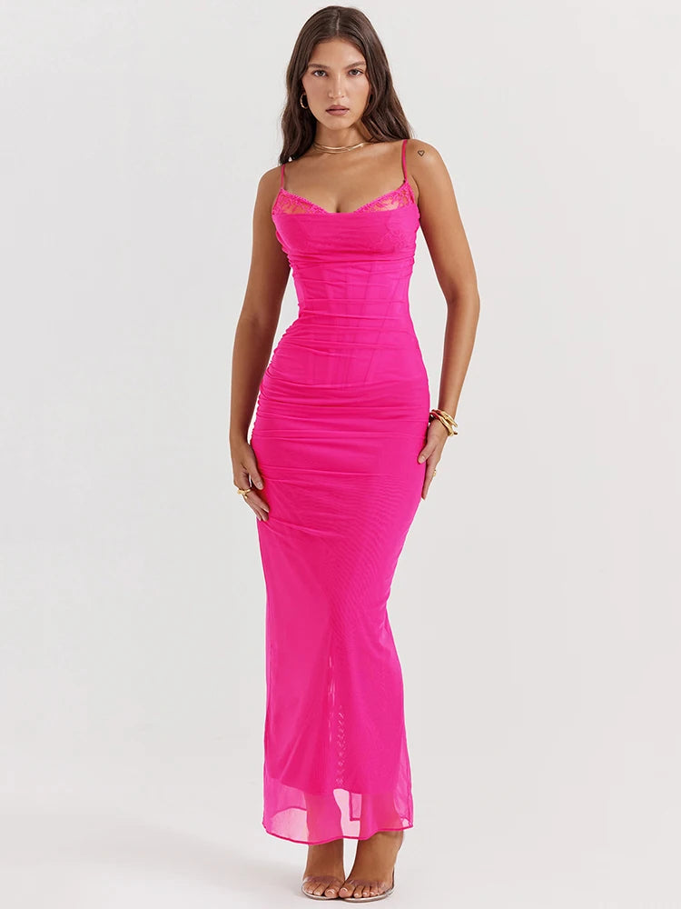 Camissole Lace Patchwork Double Layer Dress Bandage Backless Bodycon Long Dress Party Club Evening Dress
