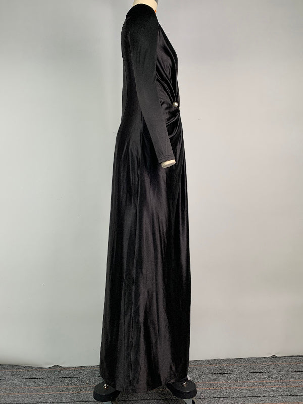 Color Bodycon Long Sleeves Pleated Split-front Tied Waist Deep V-neck Maxi Dresses