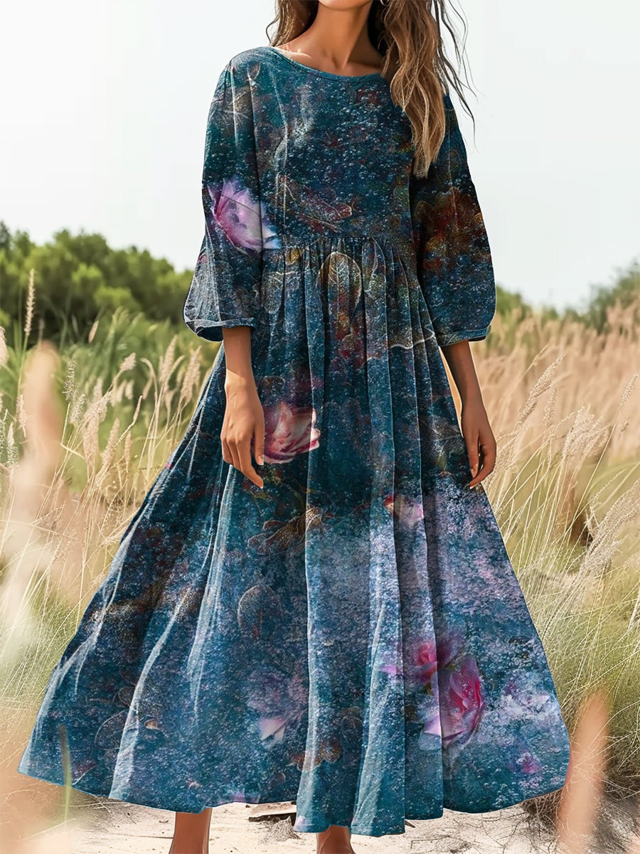 Women's Vintage Floral Art Print Flowy Cotton Crew Neck Dress