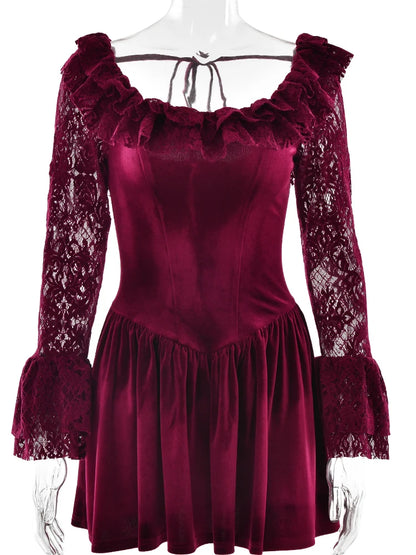 Julissa Mo Patchwork Flare Sleeve Lace Mini Dress See Through High Waist Dress Female Winter New Party Outfit