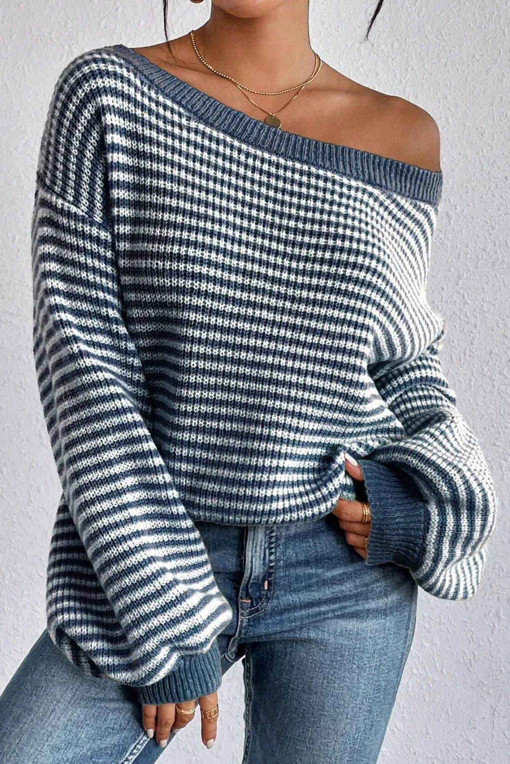 Stefania® | Striped crew neck sweater with dropped shoulders