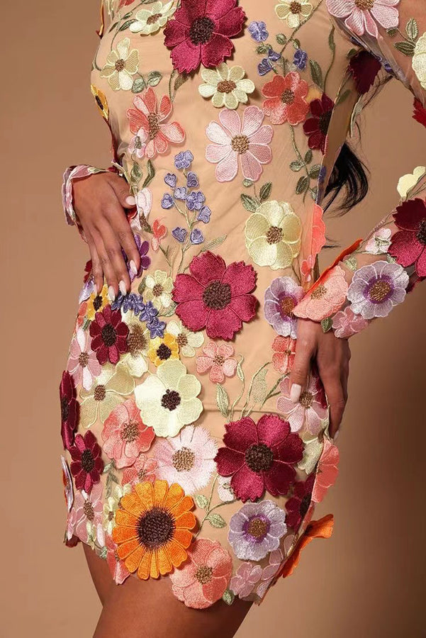 Elegantly Enchanted Applique Backless Long Sleeve Mini Dress