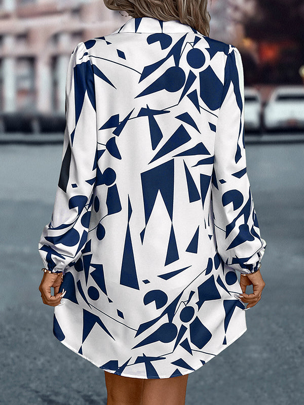 Loose Puff Sleeves Printed Split-joint Lapel Mini Dresses Shirt Dress