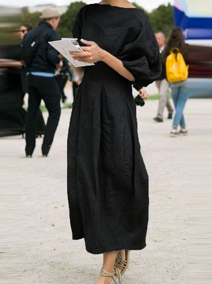 Half Sleeves Loose Color Round-neck Maxi Dresses Midi Dresses
