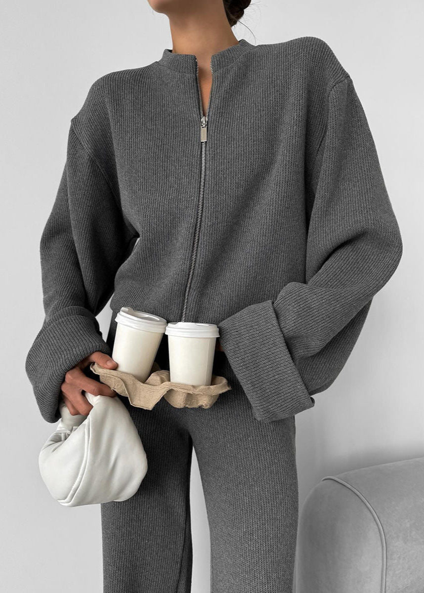 Avery Knit Lounge Set – Zip-up Jacket and Wide-leg Pants
