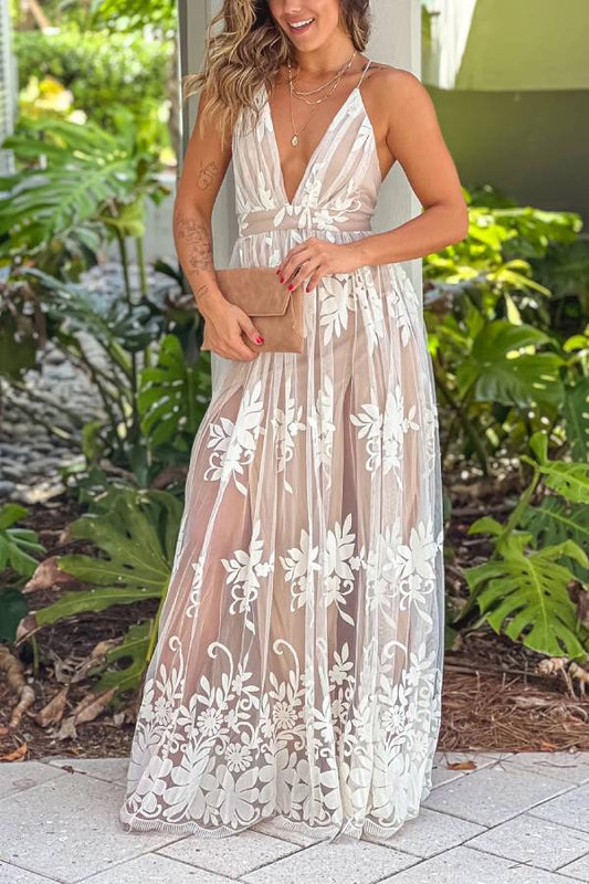 White and Beige Cross Back Tulle Maxi Dress