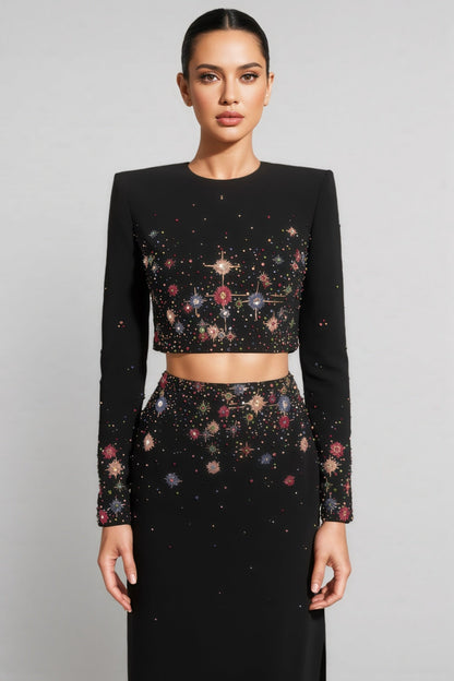 Keirt Black Rhinestone Stud Maxi Dress Set