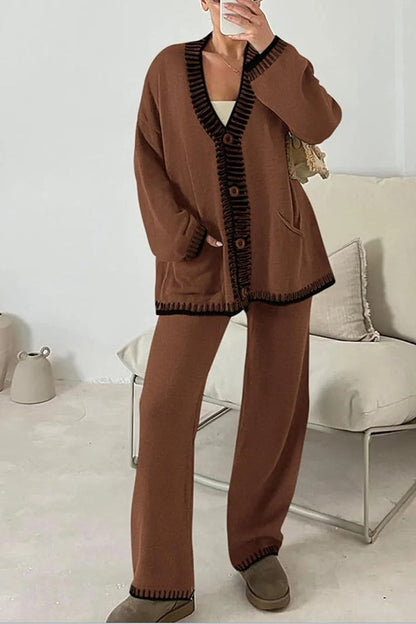 Knitted Long Sleeve Pocket Cardigan and Elastic Waist Loose Wide Leg Pants Set