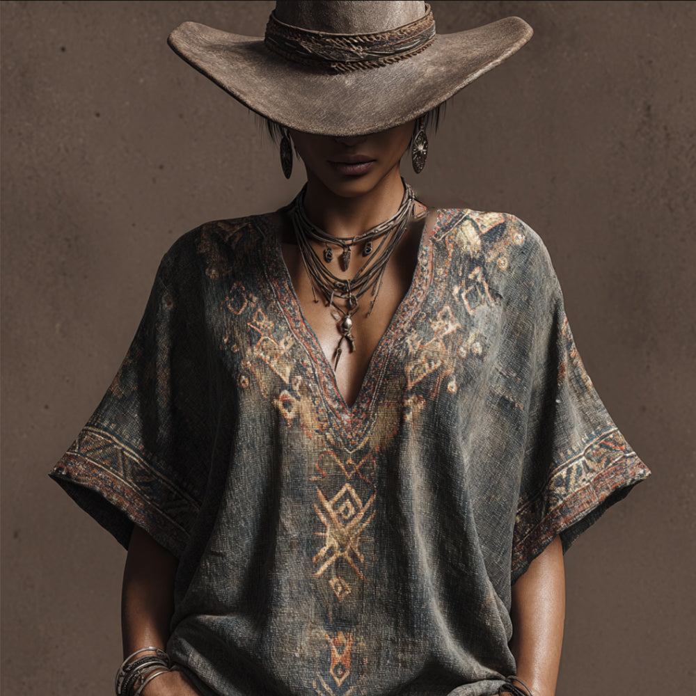 Bohemian Western Style Geometric Pattern Vintage V-neck Short-sleeved Shirt elevenforest