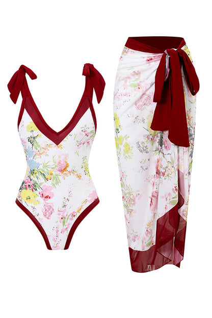 Full of Sunshine Printed Shoulder Tie One-piece Swimsuit With Midi Cover-up Skirt