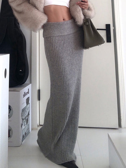 Grey Turned Waist Low Rise Maxi Skirt