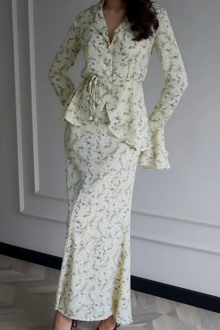 Long Sleeve Small Waist Cinch Top Midi Skirt Two Piece Set