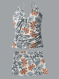 V-Neck Retro Flowers Geometric Art Print Suspender Skirt Tankini Pantskirt Set Swimsuit