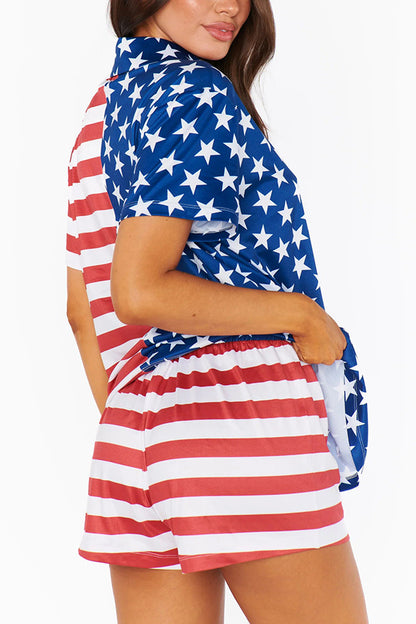 Summer Adventures Unique Print Pocket Loose Shirt and Elastic Waist Shorts Pj / Vacay Set