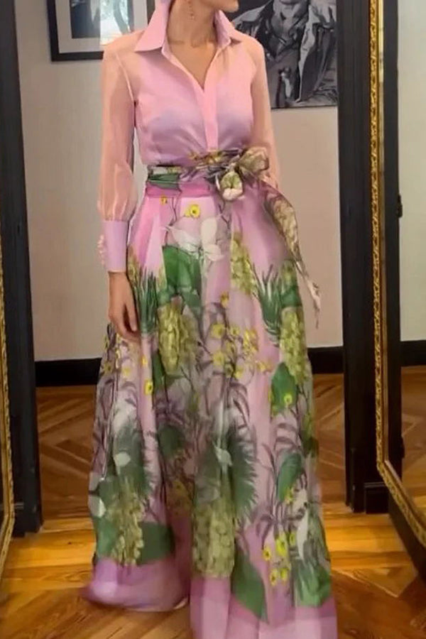 Seeds of Happiness Tulle Print Elastic Waist Belt Pocketed Maxi Skirt