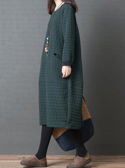Loose Color Split-joint With Pocket Round-neck Long Sleeves Midi Dress