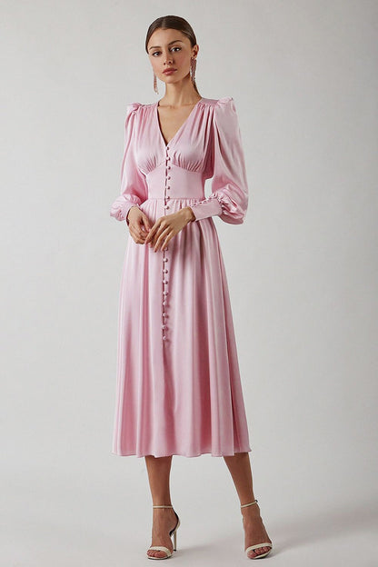 Satin Puff Sleeve Tailored Midi Dress