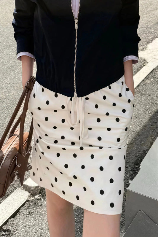 Satin Polka Dot Drawstring Midi Skirt