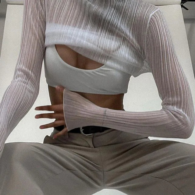 Fall See Through Long Sleeve Mock Neck Tops T-shirts Tees Slim Clothes