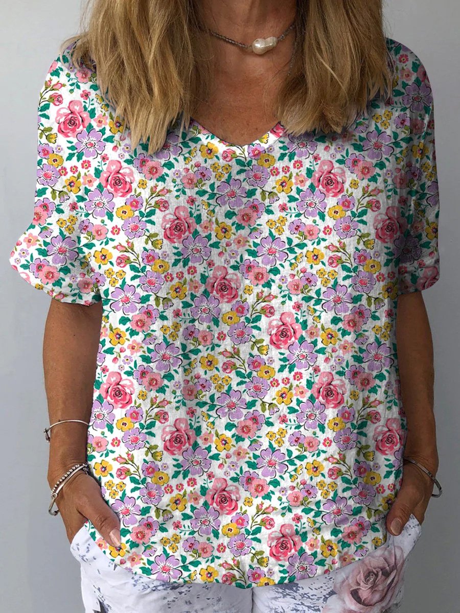 Retro Style Small Floral Garden Pattern Printed Women's Casual Cotton And Linen Shirt