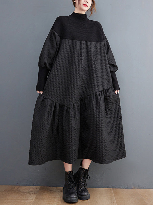 Long Sleeves Loose Split-joint Jacquard High-neck Sweater Dresses