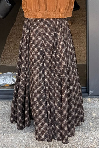 Plaid Earthy Tones High Waist Flowy Midi Skirt