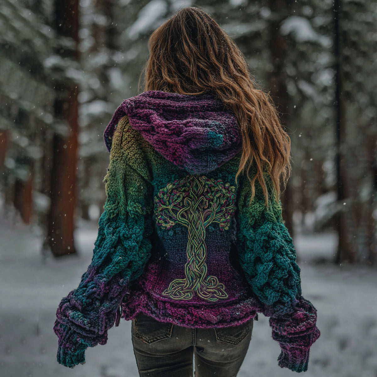 Women's Vintage Viking Tree Of Life Gradient Knit Zip-up Hooded Sweater elevenforest