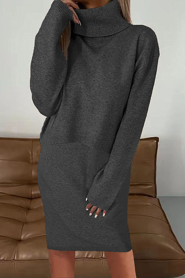 Color Turtleneck Sweater and Knee Length Dress Set