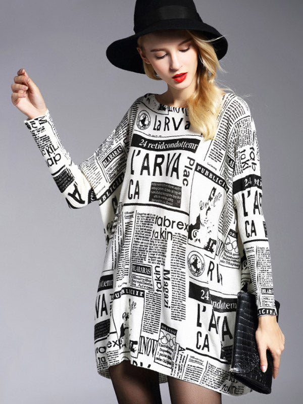 Loose One-shoulder Newspaper Printed Split-joint Sweater