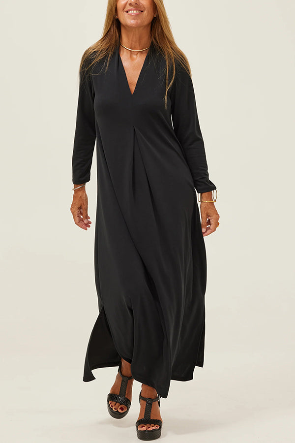 Color V-neck Slit Maxi Dress