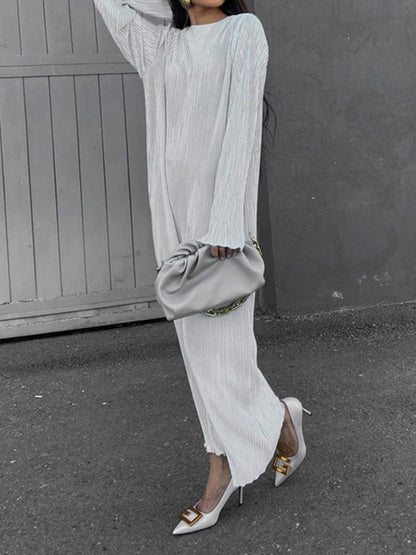 Long Sleeves Loose Pleated Color Round-neck Maxi Dresses