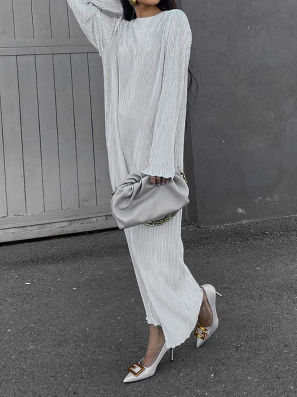 Long Sleeves Loose Pleated Color Round-neck Maxi Dresses