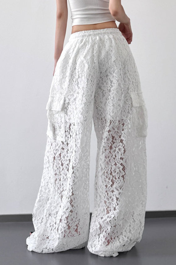 White Lace Cutout Wide Leg Pants
