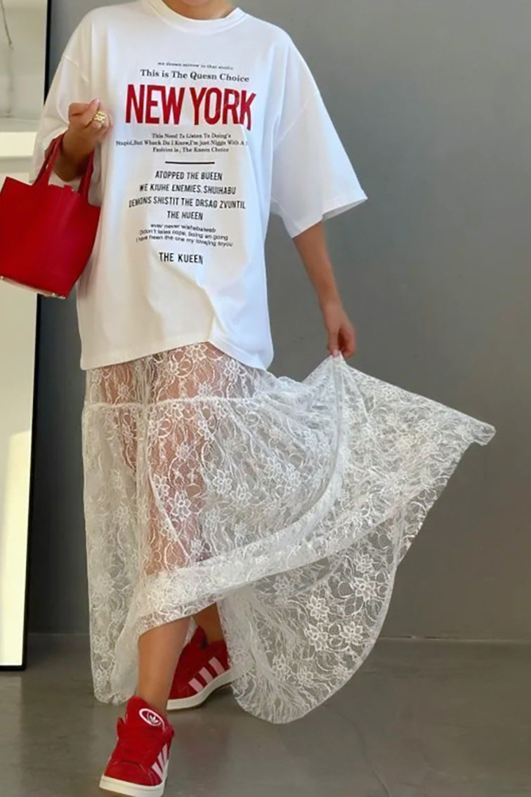 Lace Sheer High-waist A-line Skirt