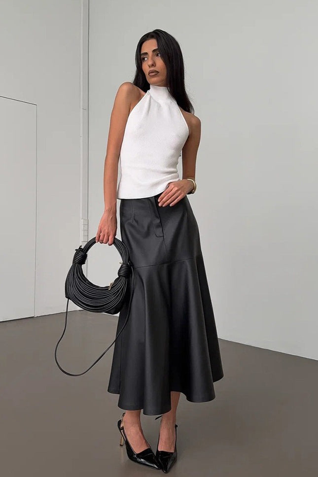 High-waist A-line Midi Pu Leather Skirt