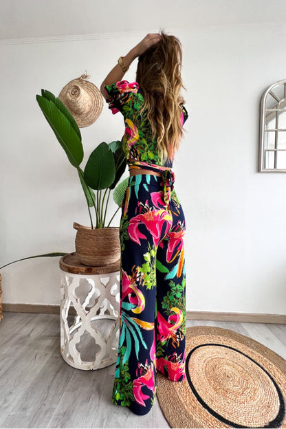 Print V Neck Short Sleeves Crop Top Elastic Waist Wide Leg Pants Set